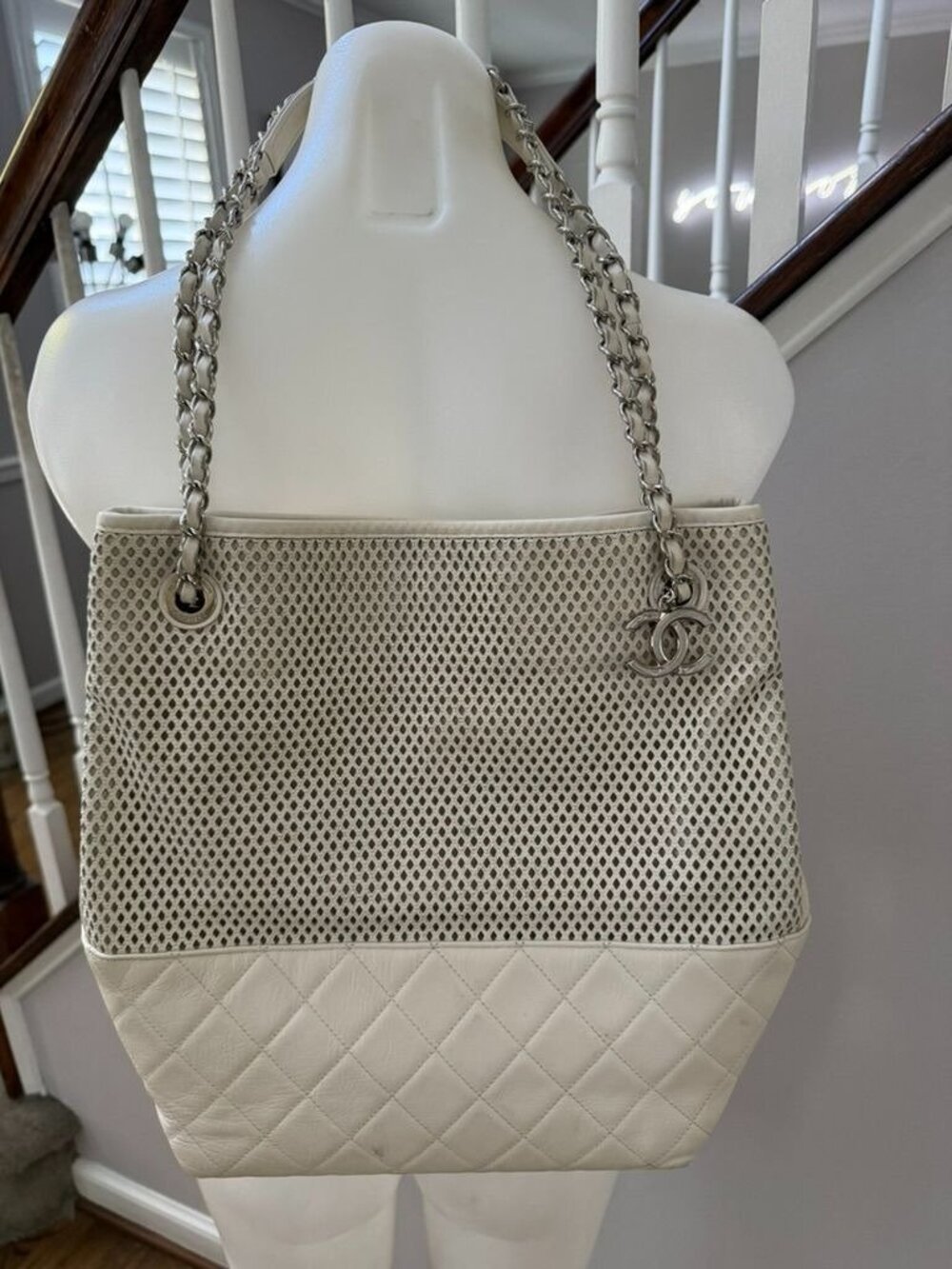 Chanel White & Grey Perforated Leather Up In The Air Tote